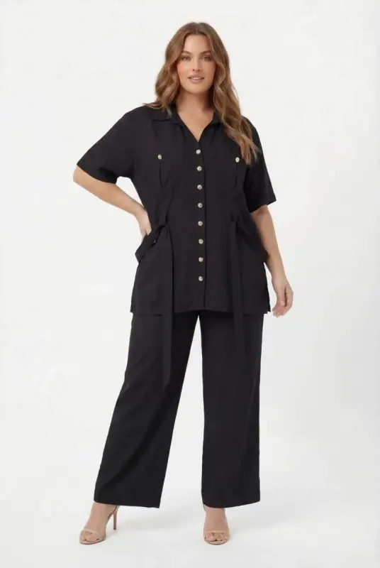 Bel Bağcık Detaylı Kadın Büyük Beden Ceket Pantolon İkili Takım Siyah - 1