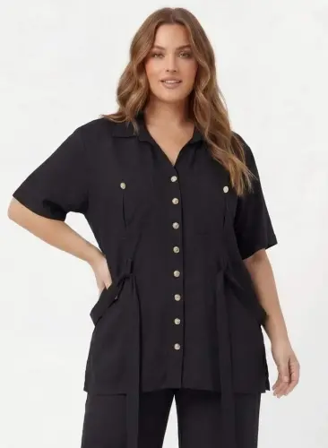 Bel Bağcık Detaylı Kadın Büyük Beden Ceket Pantolon İkili Takım Siyah - 2