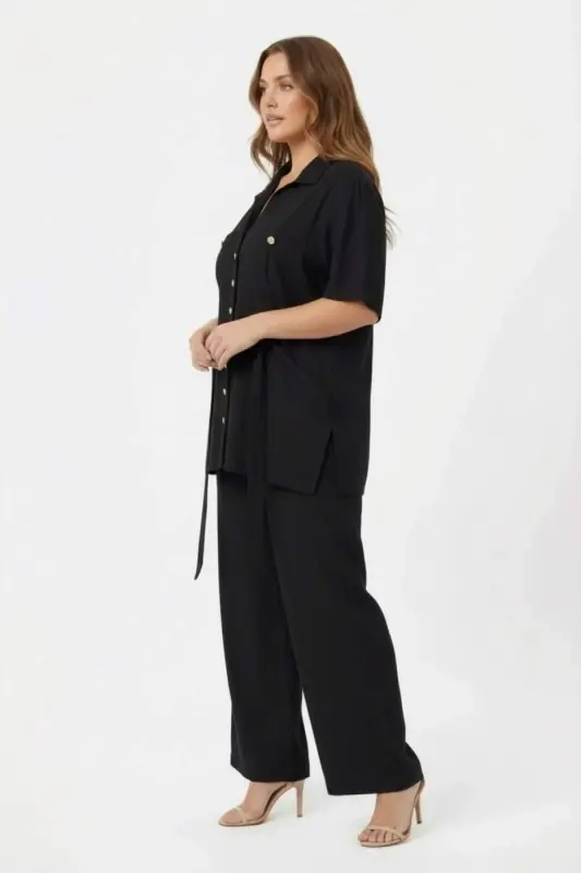 Bel Bağcık Detaylı Kadın Büyük Beden Ceket Pantolon İkili Takım Siyah - 3