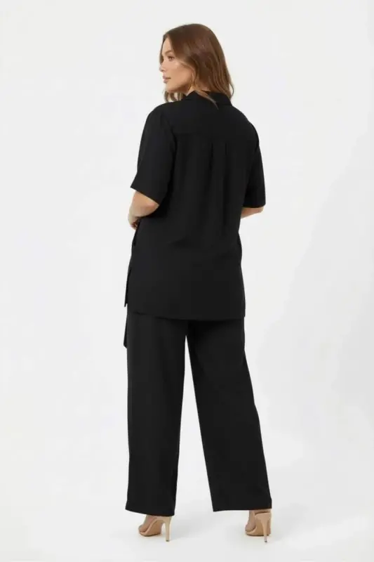Bel Bağcık Detaylı Kadın Büyük Beden Ceket Pantolon İkili Takım Siyah - 4