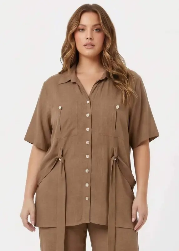 Bel Bağcık Detaylı Kadın Büyük Beden Ceket Pantolon İkili Takım Vizon - 2