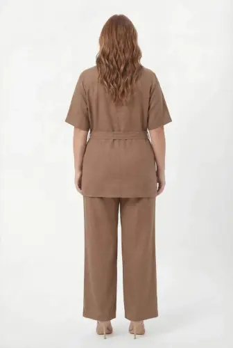 Bel Bağcık Detaylı Kadın Büyük Beden Ceket Pantolon İkili Takım Vizon - 5