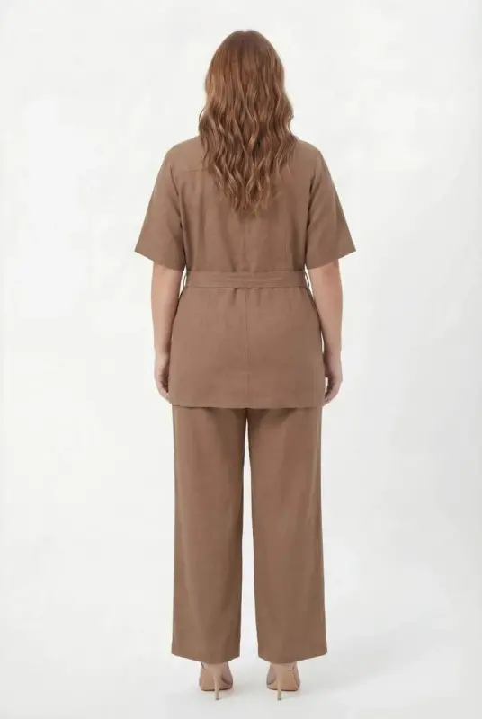 Bel Bağcık Detaylı Kadın Büyük Beden Ceket Pantolon İkili Takım Vizon - 5