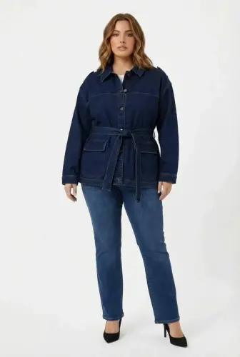 Bel Bağcık Detaylı Kadın Büyük Beden Kot Ceket Lacivert - 3