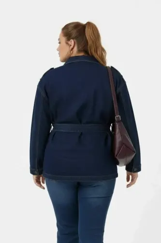 Bel Bağcık Detaylı Kadın Büyük Beden Kot Ceket Lacivert - 4