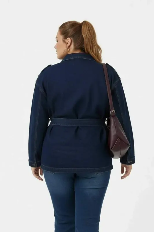 Bel Bağcık Detaylı Kadın Büyük Beden Kot Ceket Lacivert - 4