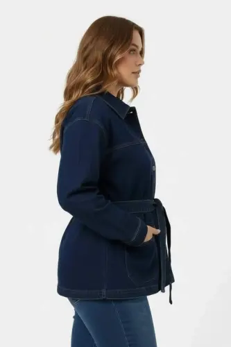 Bel Bağcık Detaylı Kadın Büyük Beden Kot Ceket Lacivert - BÜYÜKBEDENIZ (1)