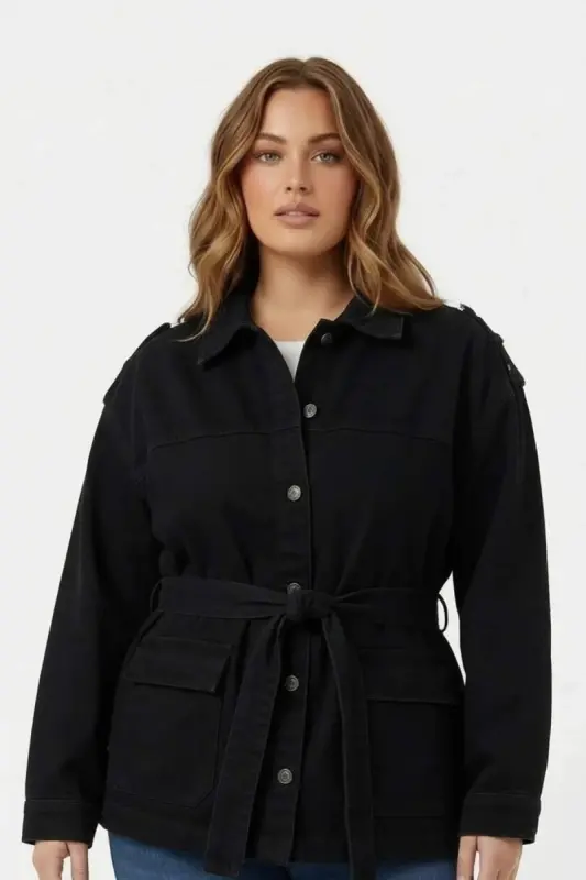 Bel Bağcık Detaylı Kadın Büyük Beden Kot Ceket Siyah - 1