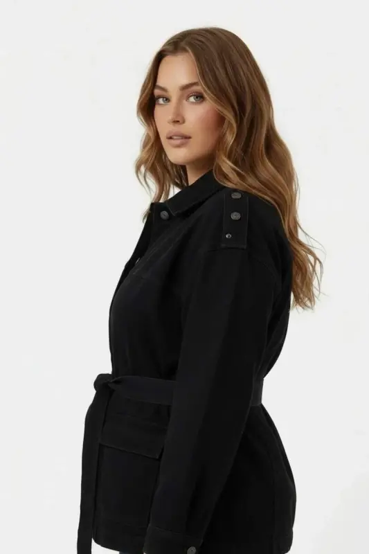 Bel Bağcık Detaylı Kadın Büyük Beden Kot Ceket Siyah - 3