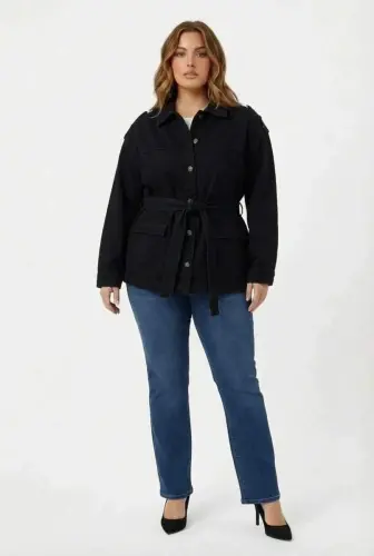 Bel Bağcık Detaylı Kadın Büyük Beden Kot Ceket Siyah - 4