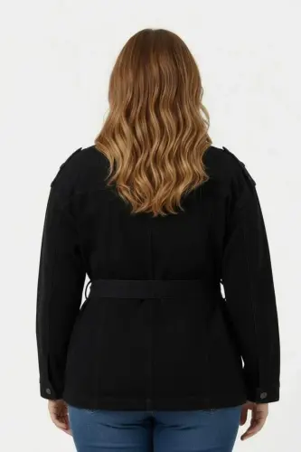 Bel Bağcık Detaylı Kadın Büyük Beden Kot Ceket Siyah - 5