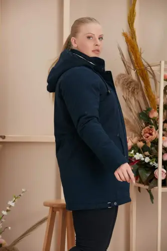 Bel Bağcık Detaylı Kapşonlu Büyük Beden Lacivert Kaban - 2