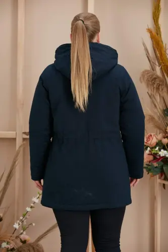 Bel Bağcık Detaylı Kapşonlu Büyük Beden Lacivert Kaban - 3