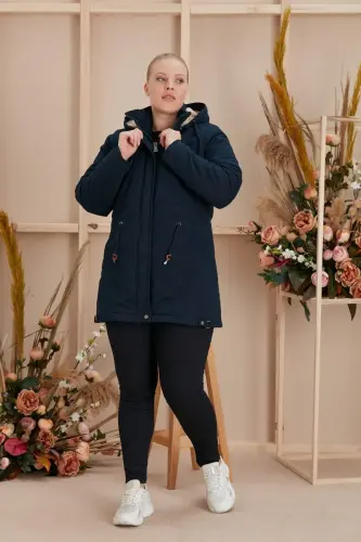 Bel Bağcık Detaylı Kapşonlu Büyük Beden Lacivert Kaban - 5