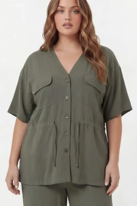 Bel Bağcık Detaylı V Yaka Kadın Büyük Beden Ceket Pantolon Takım Haki - 1