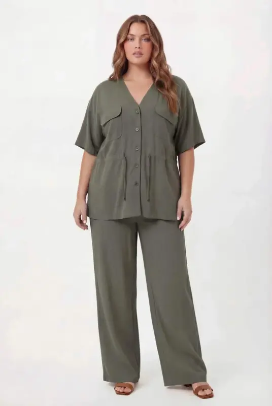 Bel Bağcık Detaylı V Yaka Kadın Büyük Beden Ceket Pantolon Takım Haki - 3