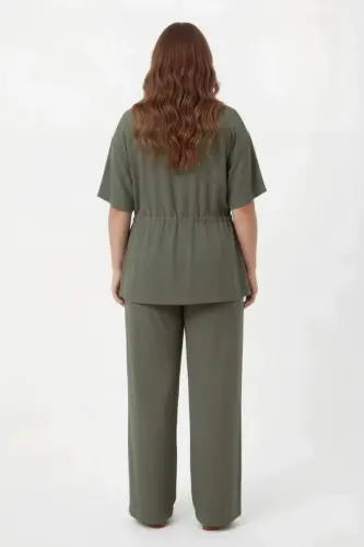 Bel Bağcık Detaylı V Yaka Kadın Büyük Beden Ceket Pantolon Takım Haki - 4