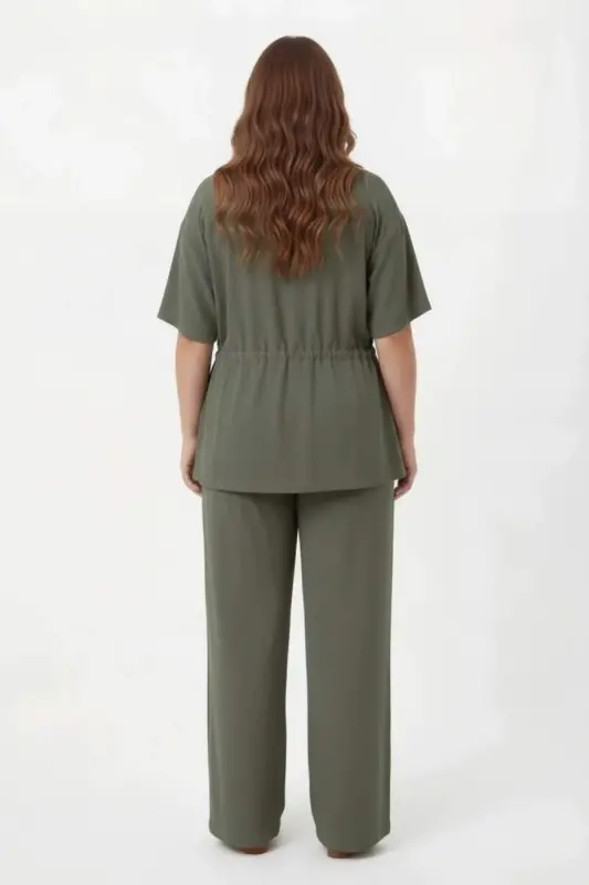 Bel Bağcık Detaylı V Yaka Kadın Büyük Beden Ceket Pantolon Takım Haki - 4