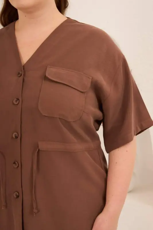 Bel Bağcık Detaylı V Yaka Kadın Büyük Beden Ceket Pantolon Takım Kahve - 2