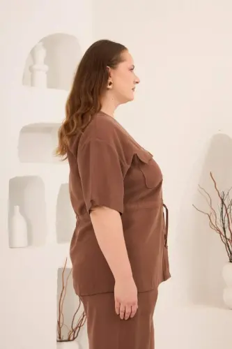 Bel Bağcık Detaylı V Yaka Kadın Büyük Beden Ceket Pantolon Takım Kahve - 3