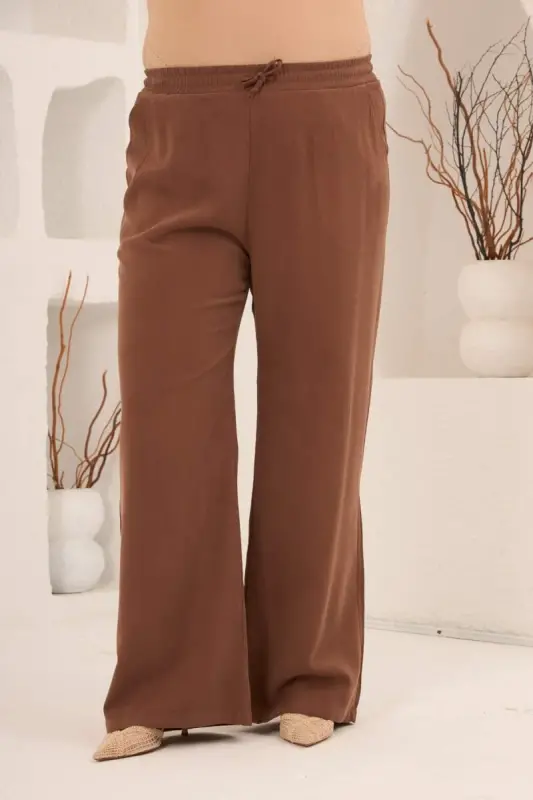 Bel Bağcık Detaylı V Yaka Kadın Büyük Beden Ceket Pantolon Takım Kahve - 4