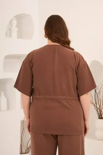 Bel Bağcık Detaylı V Yaka Kadın Büyük Beden Ceket Pantolon Takım Kahve - 5