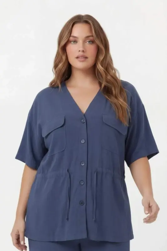 Bel Bağcık Detaylı V Yaka Kadın Büyük Beden Ceket Pantolon Takım Lacivert - BÜYÜKBEDENIZ