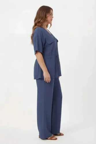 Bel Bağcık Detaylı V Yaka Kadın Büyük Beden Ceket Pantolon Takım Lacivert - 3