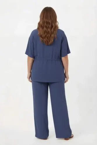 Bel Bağcık Detaylı V Yaka Kadın Büyük Beden Ceket Pantolon Takım Lacivert - 4