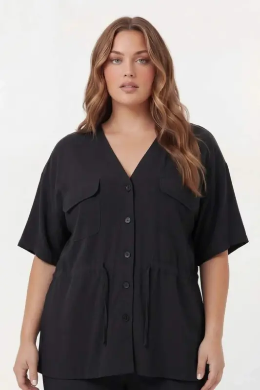 Bel Bağcık Detaylı V Yaka Kadın Büyük Beden Ceket Pantolon Takım Siyah - BÜYÜKBEDENIZ