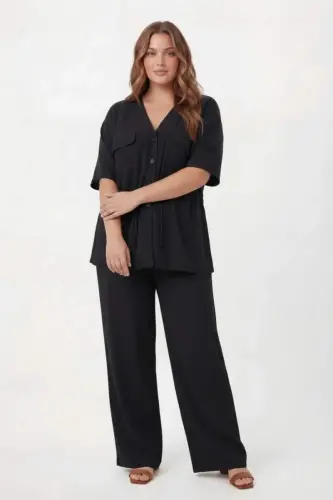 Bel Bağcık Detaylı V Yaka Kadın Büyük Beden Ceket Pantolon Takım Siyah - 3