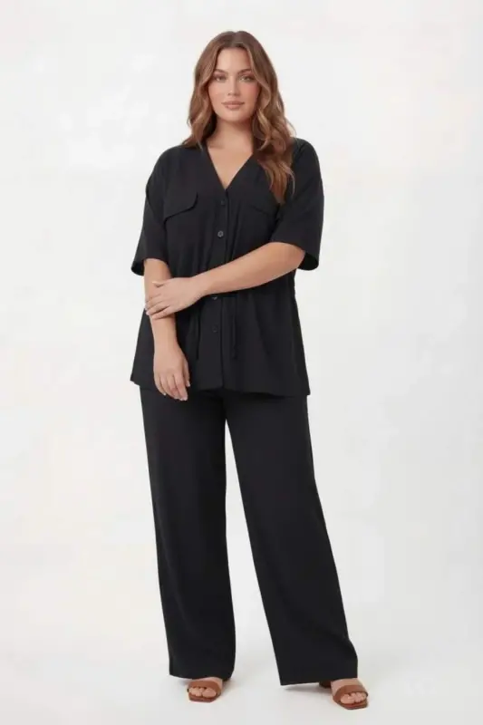 Bel Bağcık Detaylı V Yaka Kadın Büyük Beden Ceket Pantolon Takım Siyah - 3