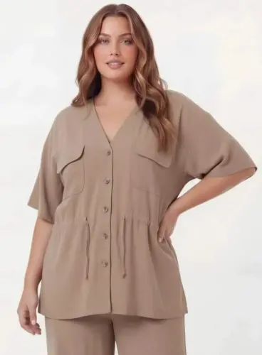 Bel Bağcık Detaylı V Yaka Kadın Büyük Beden Ceket Pantolon Takım Vizon - 1