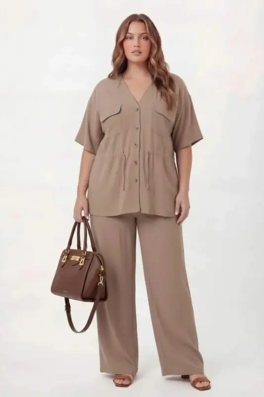 Bel Bağcık Detaylı V Yaka Kadın Büyük Beden Ceket Pantolon Takım Vizon - 2