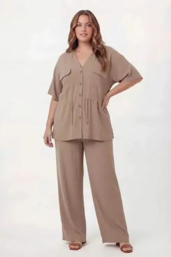 Bel Bağcık Detaylı V Yaka Kadın Büyük Beden Ceket Pantolon Takım Vizon - 4