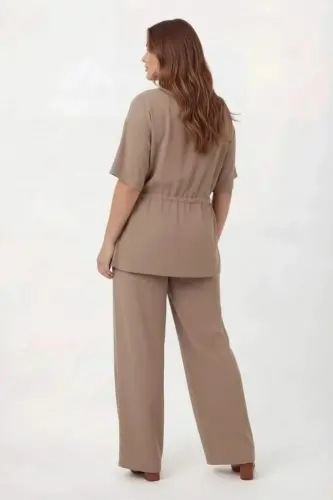 Bel Bağcık Detaylı V Yaka Kadın Büyük Beden Ceket Pantolon Takım Vizon - 5