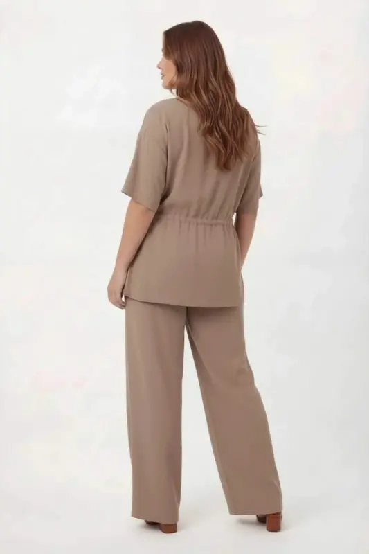 Bel Bağcık Detaylı V Yaka Kadın Büyük Beden Ceket Pantolon Takım Vizon - 5