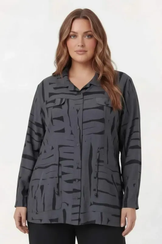 Bel Bağcıklı Büyük Beden İnce Ceket Füme - 1