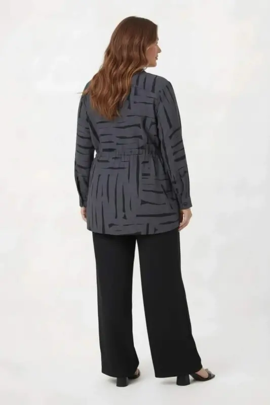 Bel Bağcıklı Büyük Beden İnce Ceket Füme - 5