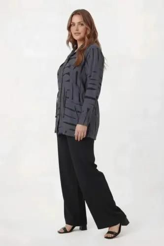 Bel Bağcıklı Büyük Beden İnce Ceket Füme - 4