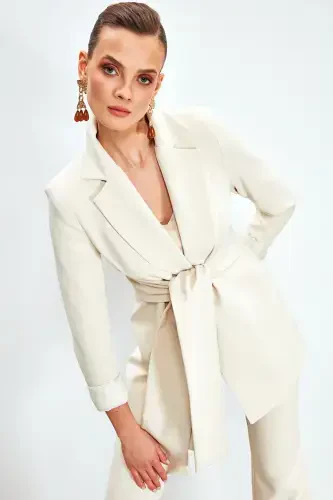 Bel Bağlamalı Uzun Ceket - Taş - 3