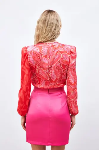 Bel Detaylı Mini Saten Etek - Fuşya-FUŞYA - 6