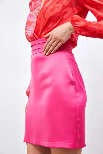 Bel Detaylı Mini Saten Etek - Fuşya-FUŞYA - 5