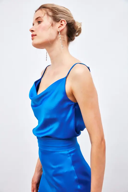 Bel Detaylı Mini Saten Etek - Sax Mavi-SAX MAVİ - 6