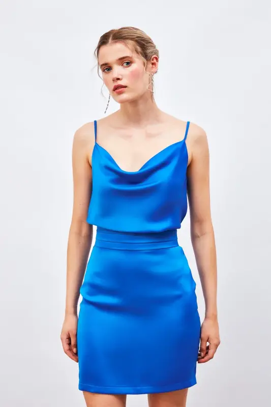 Bel Detaylı Mini Saten Etek - Sax Mavi-SAX MAVİ - 3