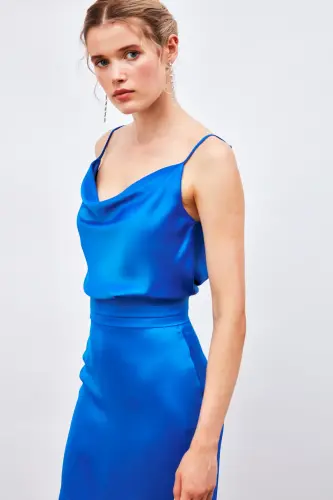 Bel Detaylı Mini Saten Etek - Sax Mavi-SAX MAVİ - 4