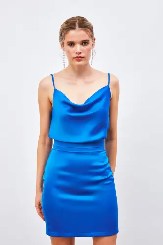 Bel Detaylı Mini Saten Etek - Sax Mavi-SAX MAVİ - 5