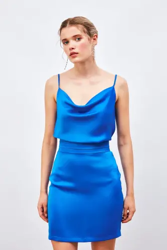 Bel Detaylı Mini Saten Etek - Sax Mavi-SAX MAVİ - 3