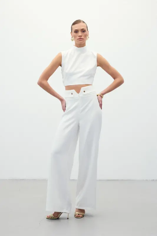 Bel Detaylı Pantolon - Ekru-Ekru - 1
