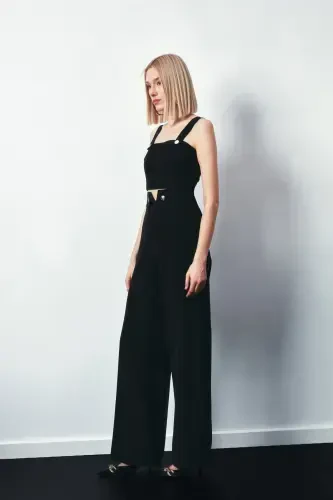 Bel Detaylı Pantolon - SİYAH-SİYAH - Sateen (1)